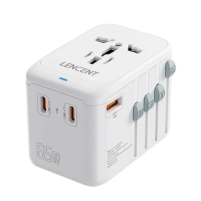 Imagen de LENCENT Adaptador Viaje Internacional, GAN III 65W Universal con 1 USB A &amp; 3 C PD Carga Rápida, Enchufe para iPhone, Samsung, Portátiles, Tipo A/C/G/I (USA/UK/EU/AUS), Blanco
