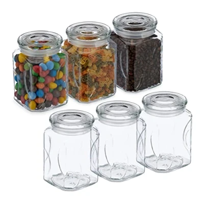 Imagen de Relaxdays Botes Cristal con Tapa, Set de 6, Vidrio, 750 ml, Recipientes Cuadrados, Tarros Herméticos, Transparente, 14.5 x 9.5 cm