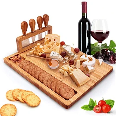Imagen de Juego de cuchillos bambú para queso, plato charcutería y tabla servir carne, bandeja madera, regalos únicos Navidad, boda, cumpleaños aniversario