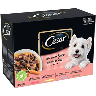 Imagen de CESAR Comida para perro 48 bolsas de frescura (juego 4 paquetes 12 x 100 g) Paté en salsa Carne, pollo, cordero y pavo completa equilibrada con ingredientes naturales
