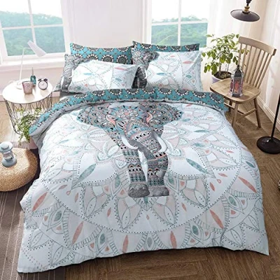 Imagen de Sleepdown Juego de Funda edredón Reversible con diseño Mandala Elefante, fácil Cuidado, antialérgico, Suave y Suave, Fundas Almohada (Super King, Verde Azulado), matrimonio grande