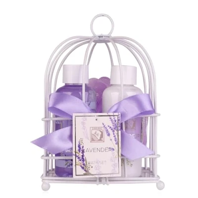 Imagen de Accentra Set de regalo para mujer LAVENDEL en una bonita cesta alambre cuidado 3 piezas con gel ducha y loción corporal bienestar cumpleaños o Navidad