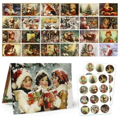 Imagen de FFTANXS Tarjeta de Navidad,Conjunto 24 Plegable Tarjetas + Sobres papel Pegatinas DIY notas felicitación Navideñas postales con diferentes patrones