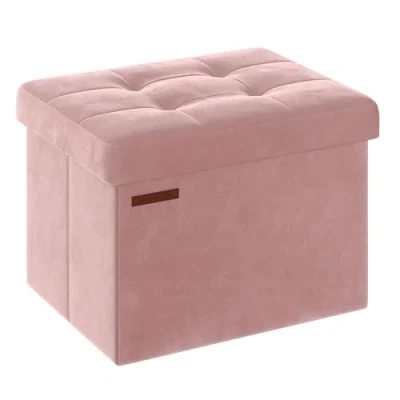 Imagen de SONGMICS Puff Almacenaje, Banco de Almacenamiento Terciopelo Plegable, Taburete Reposapiés, 31 x 41 cm, Carga 130 kg, para Entrada, Sala Estar, Dormitorio, Rosa Jalea LSF200R01