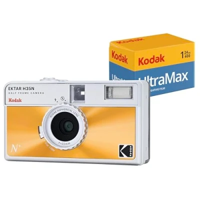 Imagen de Kodak EKTAR H35N Paquete de cámara medio marco con película Ultramax 400/24EXP 35 mm (naranja esmaltado)