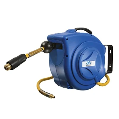 Imagen de as Schwabe Enrollador automático de mangueras aire comprimido, 10 m manguera PVC y 1 conexión, con tope acoplamiento rápido, soporte pared sólido, azul