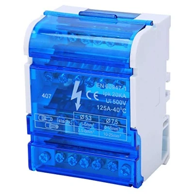 Imagen de Bloques de regletas bornes, Caja conexiones 4 niveles 407 distribución terminales 125A 500V entradas 24 salidas riel DIN con cubierta transparente