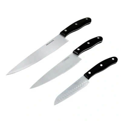 Imagen de Nirosta Fit Set de Cuchillos Cocina, incluye Cuchillo Chef 31 cm, Santoku 26 cm y Universal 33 Hoja Acero Inoxidable Muy Afilado, Mango POM con Remaches, 3 uds.
