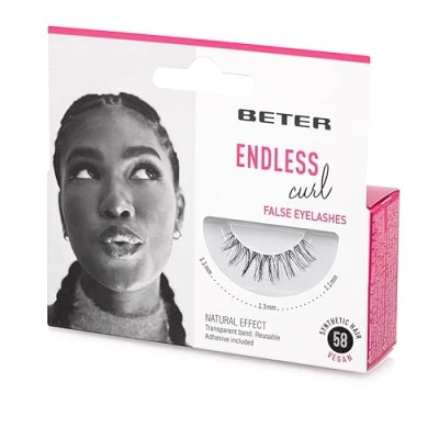 Imagen de Beter Pestañas postizas nº 58 Endless curl, extensiones de pestañas, incluye pegamento, veganas y reutilizables, pelo sintético con banda transparente para acado natural, maquillaje ojos