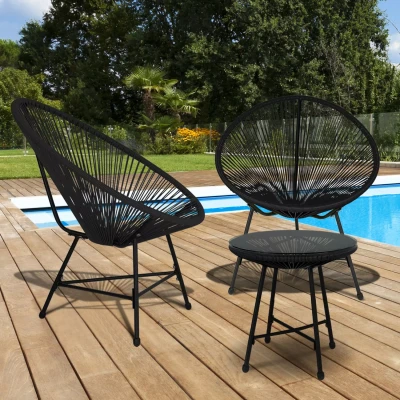 Imagen de IDMarket Salón de jardín Izmir Mesa y 2 sillones Huevo Cordage Negro