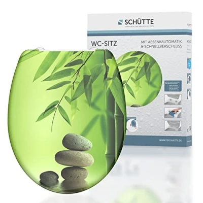 Imagen de SCHÜTTE 82365 Green Garden Asiento de inodoro plástico termoestable Duroplast con descenso automático y cierre rápido para una fácil limpieza, carga máx. 150 kg, diseño piedras