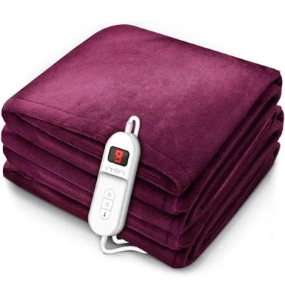 Imagen de sinnlein® Calienta Camas Manta Eléctrica 180 x 130 cm Burdeos Con Desconexión Automática y Temporizador 9 Niveles de Temperatura Pantalla Digital Lavabale hasta 40C