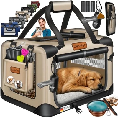 Imagen de LOVPET® Caja de Transporte para Perro y Gato, Bolsa Transporte, Plegable Incl. Comedero Bandolera, XL 81,3x58,4x58,4cm Beige