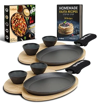 Imagen de Tortillada Juego de Sartén Hierro Fundido 25 cm para Fajitas Incluye Bandeja Madera servir + 2 Cuencos Cerámica dipear (Set of 2)