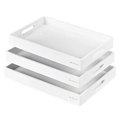 Imagen de Navaris Bandeja Rectangular de bambú Set 3X bandejas para Cocina Servir Comida Desayuno Comer en Cama Fuente Grande Mediana pequeña Blanco