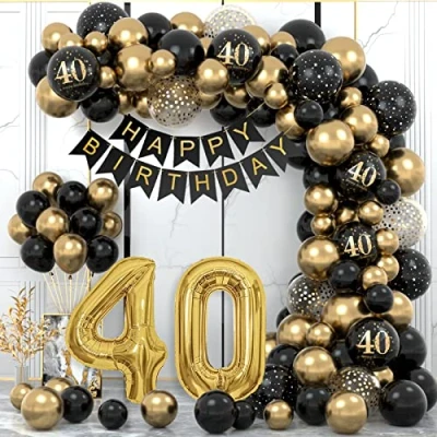 Imagen de 40 Años Decoracion Cumpleaños, Globos cumpleaños Hombres, Decoraciones Fiesta Oro Negro 40er con Pancarta Feliz para Hombres y Mujeres Dfiesta de cumpleaño Decoracione