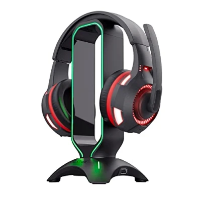 Imagen de Trust Gaming GXT 265 Cintar Soporte para Auriculares RGB, Diseño Universal, 2 Puertos USB, Bordes Iluminados por LED, Cascos con Base Anti Deslizante Escritorio PC Negro