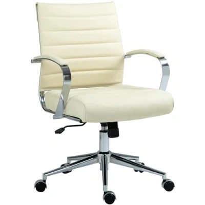 Imagen de CLP Silla de Oficina Oakland en Cuero Real, Polipiel o Tela I Escritorio Moderna con reposabrazos &amp; Ruedas, Color:Crema, Material:Cuero Real