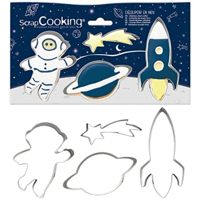 Imagen de ScrapCooking 2084 Cortador de galletas (acero inoxidable, 4 cortadores galletas, estrella, cohete, planeta, mejillones pequeños, accesorios para repostería, cumpleaños y decoración