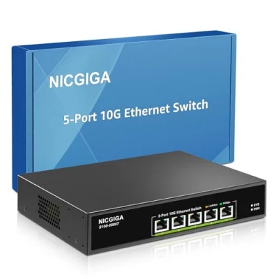 Imagen de 5 Port 10G Ethernet Switch Unmanaged,with 5X 10Gb Base T RJ45 Ports, NICGIGA 10Gbps Network Easy for NAS,PC,WiFi7 Router,10G Adapter/Nic. Desktop or 19 Inch Rack Mount, Plug and Play.