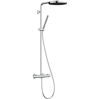 Imagen de hansgrohe Pulsify S Puro sistema de ducha ahorro agua (EcoSmart) con termostato, lluvia (260 mm) grifo, mano (1 chorro), flexo, barra, fija redonda, cromo, 24223000