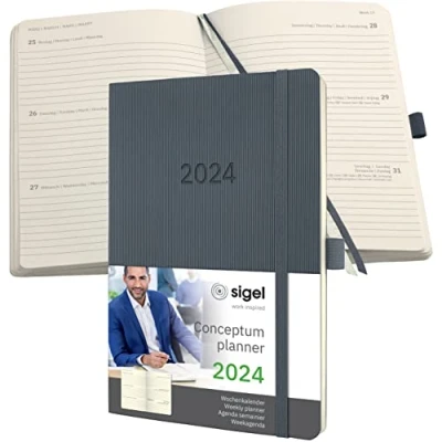 Imagen de SIGEL C2436 Conceptum Agenda semanal 2024, aprox. A5, gris oscuro, tapa blanda, dos páginas = una semana, 192