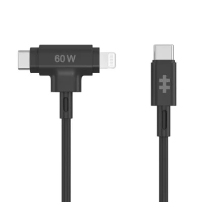 Imagen de Cable adaptador Hyper Juice, USB C a C+Lightning, Universal, Silicona, 60W, Negro
