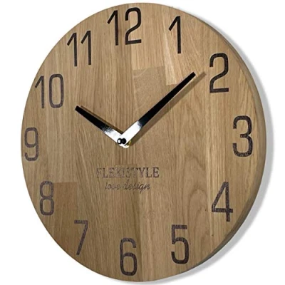 Imagen de FLEXISTYLE Reloj de Pared Natural, 30 cm diámetro, Aspecto Madera, 100% Roble, Moderno, salón, sin Ruido tictac