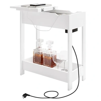 Imagen de EUGAD Mesita Auxiliar, Mesa de Sofa con Tablero Plegable, Compartimento Oculto y Estante Almacenaje, Estrecha Enchufe Puertos USB, Ideal para Salón Dormitorio, Blanco, 0001CHJ