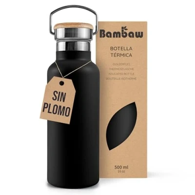 Imagen de Bambaw Botella térmica 500ml, agua negra, acero inoxidable gimnasio, Termo Negro ébano