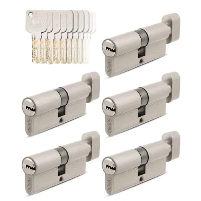 Imagen de GERCAR Pro 5 cilindros 35/35 de cierre uniforme, juego con pomo y 25 llaves, 70 mm, cerradura para puerta Longitud: A: 35 B: Latón macizo mate