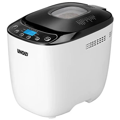 Imagen de Unold Backmeister Design 68010 Máquina para hacer pan, hasta 1.000 g de peso, color blanco y negro, 550 W, sin BPA, carcasa Cool Touch, 12 programas almacenados, pantalla LCD
