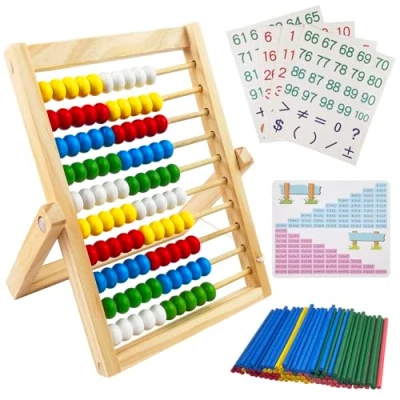 Imagen de Fousenuk Ábaco de Madera, Abacos para Niños Primaria Ayuda Aritmética, Contar y Calcular con 100 Multicolor Cuentas/Palitos Contadores/Tarjetas Digitales a Partir 3 Años Juguete Educativo