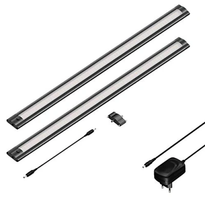 Imagen de ledscom.de Luz LED bajo el armario SIRIS negro mate, plana, cada 50cm, 531lm, blanco cálido, juego de 2