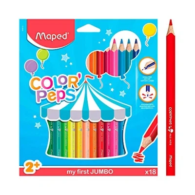 Imagen de Maped Pinturas de Madera Lápices Colores Jumbo 18 con Presentación en Caja Cartón Mina Blanda y Resistente Empuñadura Gruesa para Mejor