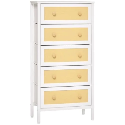 Imagen de HOMCOM Cómoda de Dormitorio Cajonera Estilo Bohemio con 5 Cajones Tela Plegable Superficie Ratán PE y Marco Acero para Entrada Salón Pasillo 62x30x126,5 cm Blanco