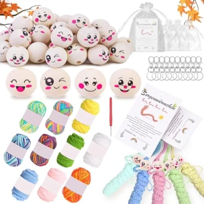 Imagen de POFIBO Cuentas de Madera 40 Piezas Abalorios 20 mm, con Alambre Ganchillo Multicolor, Ganchillo, Bolsa Organza, Llaveros y TTarjetas, Bolas Manualidades para DIY, Guirnaldas