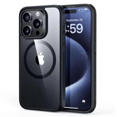 Imagen de ESR Funda para iPhone 15 Pro MAX, Compatible MagSafe, Protección Militar, Resiste Amarillamiento, Tapa Trasera Resistente Arañazos, Magnética MAX,Negro Transparente