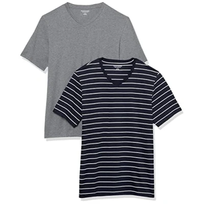 Imagen de Amazon Essentials Camiseta de manga corta, cuello pico, corte recto (disponible en tallas grandes y largos especiales) Hombre, Pack 2, Azul Marino Rayas/Gris Mezcla, M
