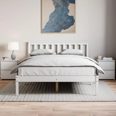 Imagen de Vida Designs Cama de Matrimonio Milan, Marco Cama, Madera Pino Macizo, cabecero, Extremo pie bajo, Muebles Dormitorio, Blanco, 1,4 m
