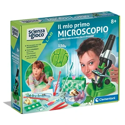 Imagen de Clementoni 19347 Ciencia y Juego Lab Mi Primer microscopio Laboratorio óptico 150X, experimentos científicos para niños a Partir de 8 años (Juego en Italiano), Fabricado Italia