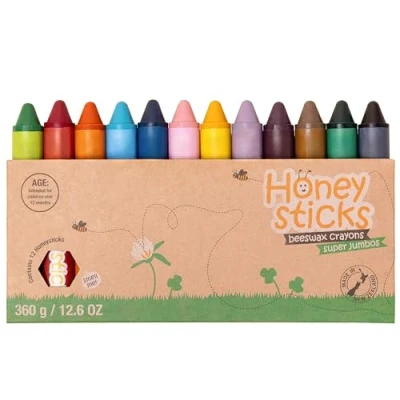 Imagen de Honeysticks Lapices Super Jumbo Crayons (Paquete de 12) cera abeja 100%, colores calidad alimentaria, 1 3 años, irrompibles, extra grandes, fáciles sujetar y usar, ecológicos