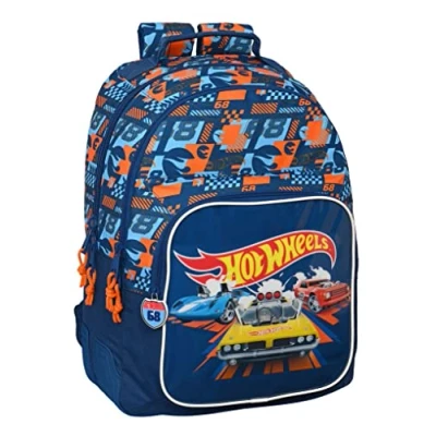 Imagen de Safta M773, Hot Wheels Speed Club Mochila Escolar Infantil, Ideal Diferentes Edades, Cómoda y Versátil, Calidad Resistencia, 32x15x42 cm, Color Azul Marino Naranja Unisex niños, Estándar