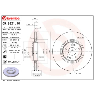 Imagen de BREMBO COATED DISC LINE 09.9821.11 Disco de freno 308 28 5 ventilación interna revestido con tornillos RENAULT: LAGUNA 2, 2 Grandtour