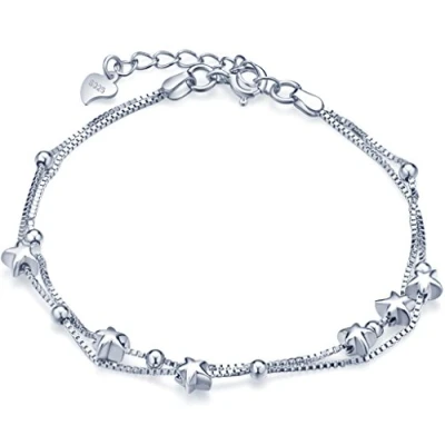 Imagen de Infinite U Pulsera para mujer, plata de ley 925, ajustable, diseño doble con cuentas y estrellas, cadena extensión