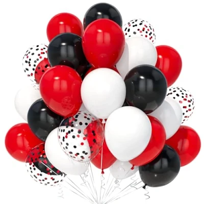 Imagen de Teselife Globos Negro Rojo, 30Piezas Blanco Rojo Confeti Globo Latex Helio Mujer Hombres Cumpleaño Compromiso Graduación Aniversario Boda Despedida Soltera Mascarada Tema Carreras Decoración