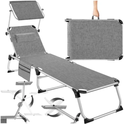 Imagen de tectake® Tumbona Jardín Exterior de Aluminio, Plegable con Reposacabezas, Parasol y Bolsillo Lateral, Playa Reclinable 6 Posiciones, Piscina Resistente a Intemperie gris jasp