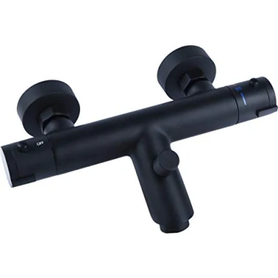 Imagen de Cornat NERS2 Grifo termostático para baño (Acabado en Negro, Cuerpo de latón Mate, Control Temperatura y Barrera Agua Caliente, Monomando Montaje Pared)