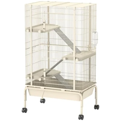 Imagen de PawHut Jaula para Animales Pequeños de 4 Niveles Roedores con Ruedas Rampas Cuenco Botella Agua y Bandeja Extraíble Recinto Conejos Chinchillas Hurones 69x44x120 cm Beige