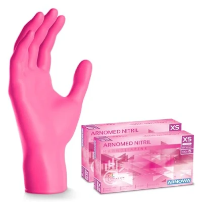 Imagen de ARNOMED guantes nitrilo talla XS, rosa, de nitrilo, 200 unidades (2 cajas), desechables sin polvo, goma látex, en tallas S, M, L y XL